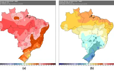  (a) Temperatura máxima no dia 8 de junho de 2024 às 15 horas (horário de Brasília) e (b) Temperatura mínima no dia 5 de junho de 2024 às 6 horas (horário de Brasília). Foto: Reprodução/INMET.