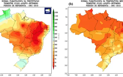 Figura 1: Climatologia de (a) precipitação (mm) e (b) temperatura média do ar (°C) para o trimestre julho, agosto e setembro. Imagem: INMET/Reprodução Figura 1: Climatologia de (a) precipitação (mm) e (b) temperatura média do ar (°C) para o trimestre julho, agosto e setembro. Imagem: INMET/Reprodução